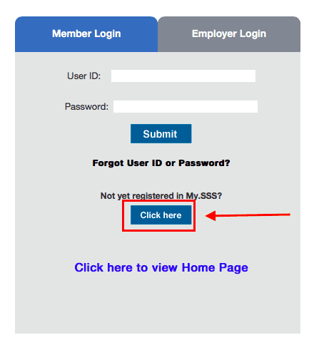A screenshot of the online employee login page for SSS Member contributions inquiry and registration.