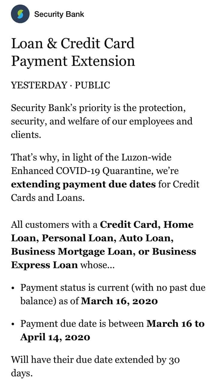 Banks extending loan and credit card payment grace period due to #COVID19.