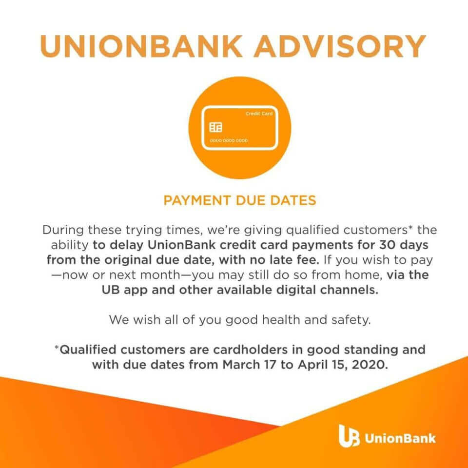 An orange and white banner with the words union bank advisory displaying a list of banks who extended their grace period for payment due to #COVID19.