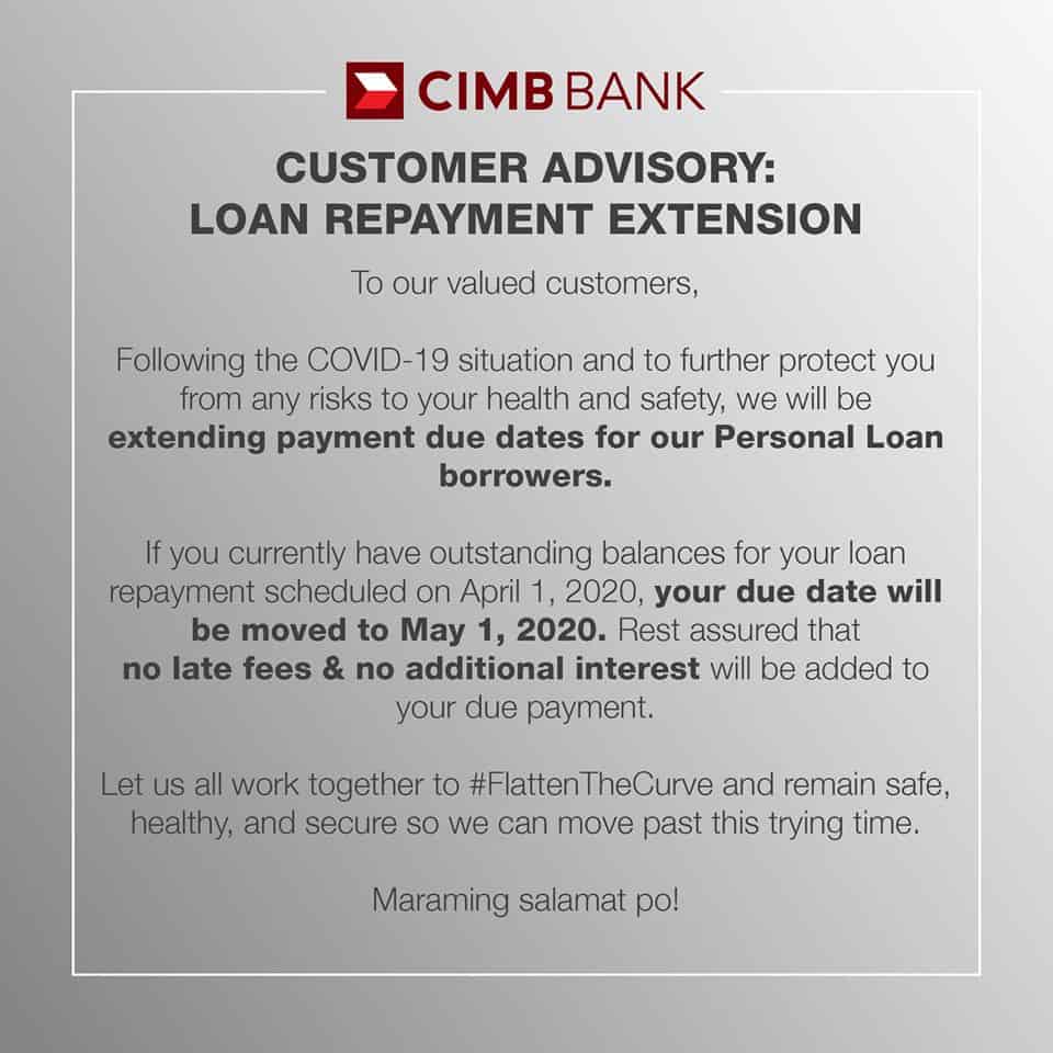 List of banks who extended their grace period for loan repayment due to COVID-19 customer advisory.
