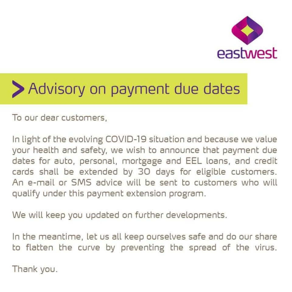 Eastwest advisory on extended grace period for payment due dates amidst #COVID19.