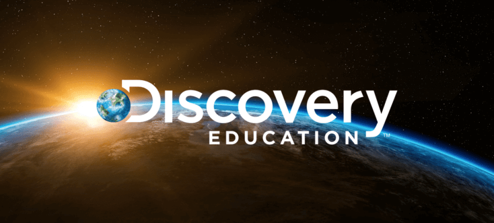 Logo: Discovery education with Earth background, promoting fun and meaningful learning at home with kids.