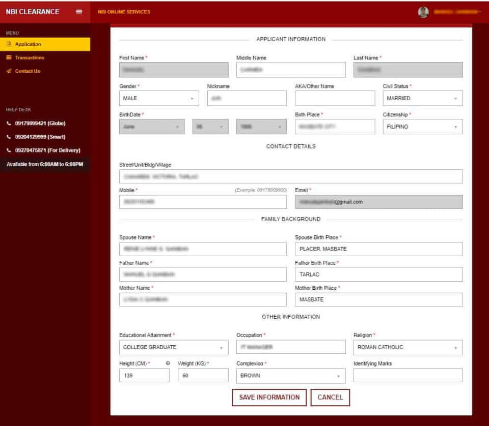 Step-by-step guide for online NBI Clearance application with red and yellow form screenshot.
