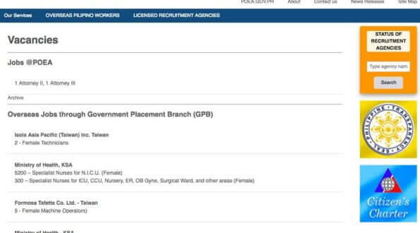 A screenshot of a POEA-licensed government website displaying Philippine job opportunities.
