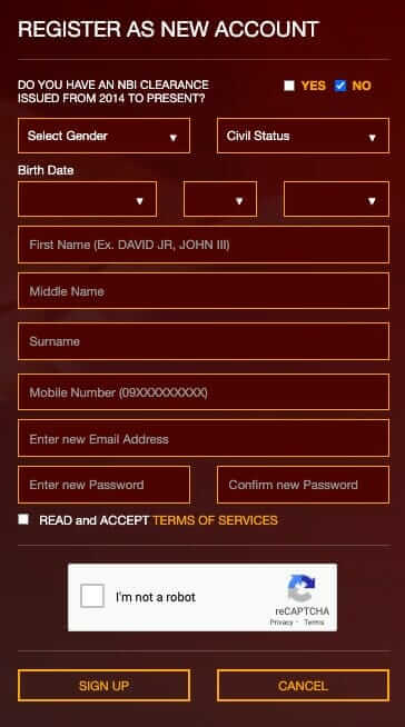 A screenshot of the NBI Clearance register page for new account application.