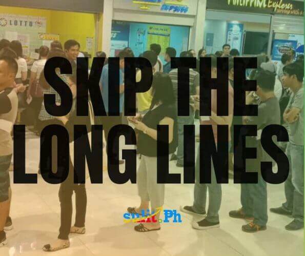 A group of people standing in line with the words skip the long lines and #StaySmart!