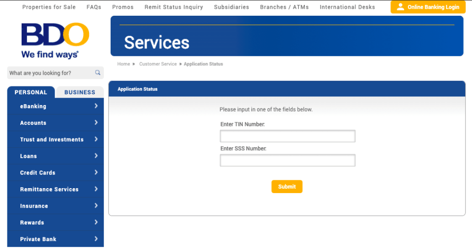 A screen shot of the BDO services website showcasing 5 simple steps to apply for a BDO Credit Card.