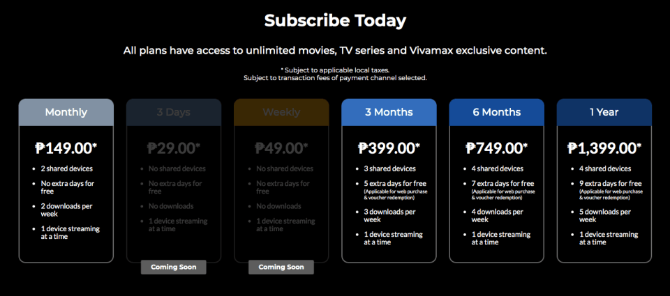 Vivamax offers flexible subscription plans: Monthly at ?149, 3 Days at ?29, Weekly at ?99, 3 Months at ?399, 6 Months at ?749, and 1 Year at ?1399. Features vary by plan, including device sharing and free access days, with some exciting options labeled "Coming Soon.