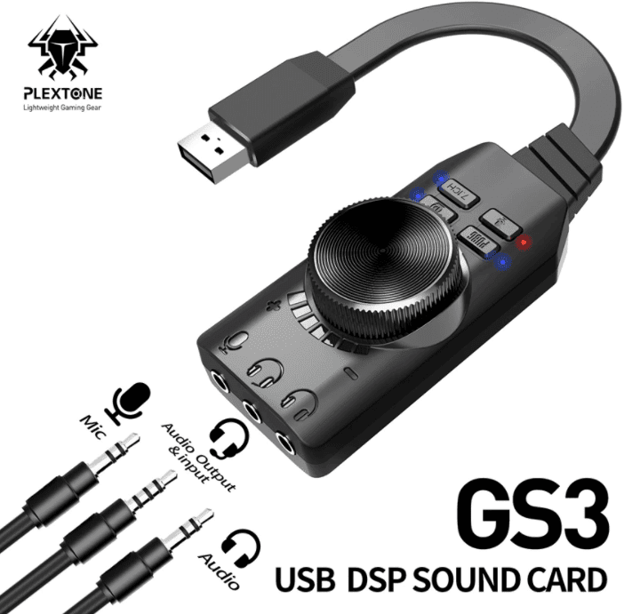 The Plextone GS3 USB DSP sound card is shown.