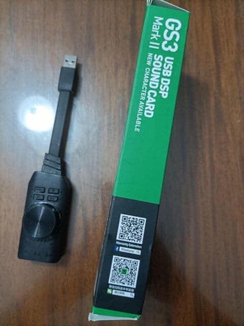 A green box with a qr code next to it for the Plextone GS3 Virtual 7.1 Channel USB Sound Card Sulit Review.