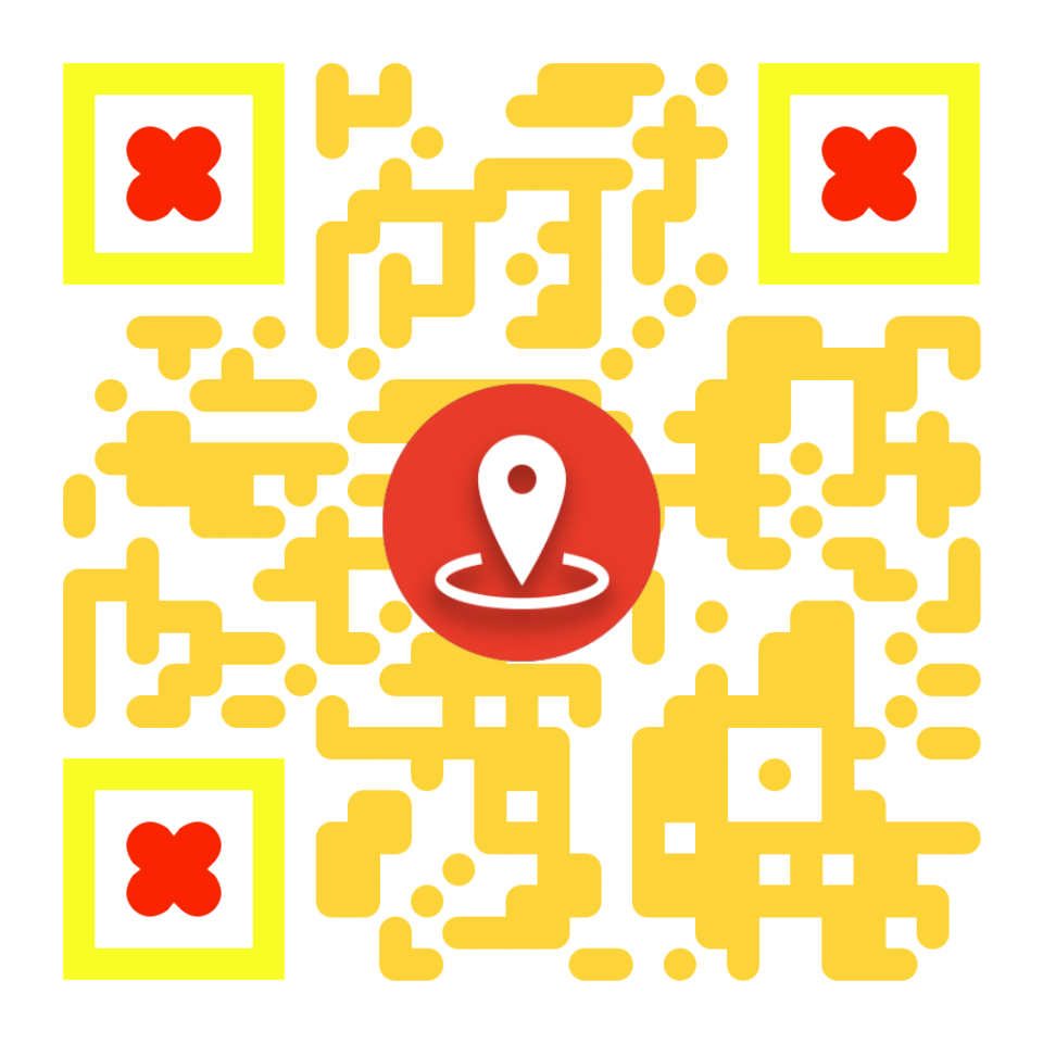 A yellow QR code featuring a red circle.