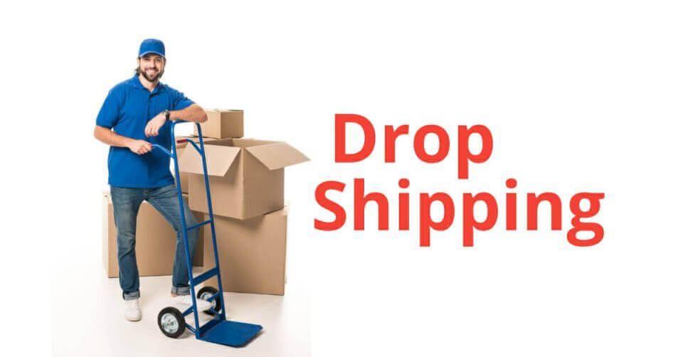 A man stands by a box, invitingly displaying the words "drop shipping" - what is it?