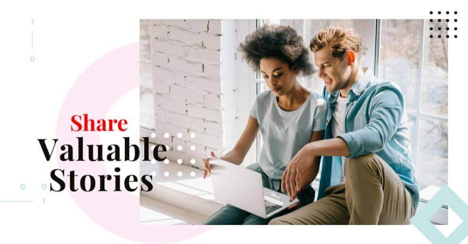 Two people starting a small business blog by sharing valuable stories.