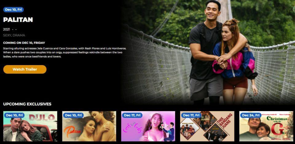A movie streaming interface on Vivamax showcases the film "Palitan," featuring a couple embracing on a bridge—the man in a black shirt and the woman in a red and blue jacket. Below, thumbnails of upcoming exclusive movies with release dates are displayed, alongside a "Watch Trailer" button.