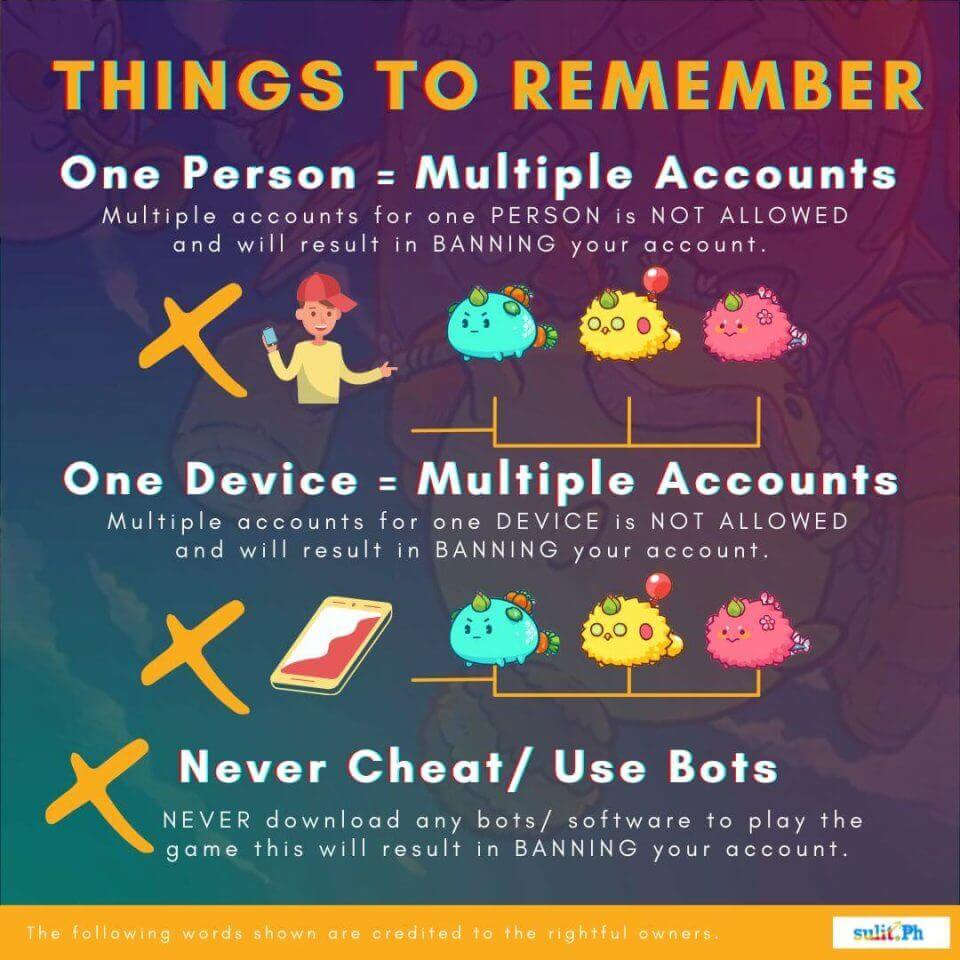 One-person, multiple accounts guide infographic for Axie Infinity to prevent account bans.