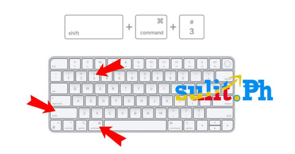 A keyboard displaying arrow symbols instructing the usage of Mac screenshot.