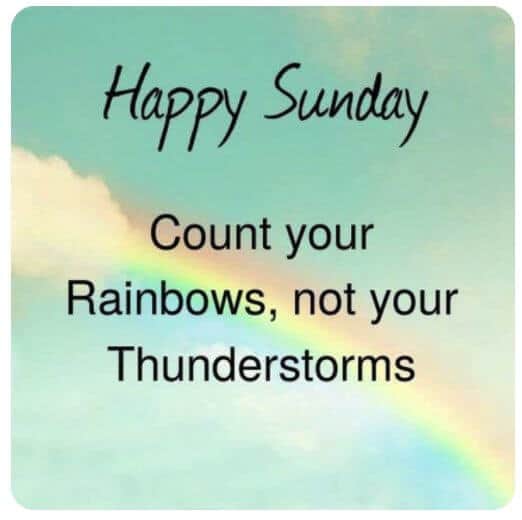 Happy Sunday text on a pastel background with a faint rainbow and an inspiring quote: Count your Rainbows, not your Thunderstorms. Let this Sunday quote lift your spirits and remind you of the best moments in life.