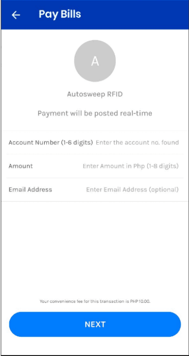 A mobile app offering a payment bill screen with a Complete Guide to using EasyTrip And Autosweep RFID.