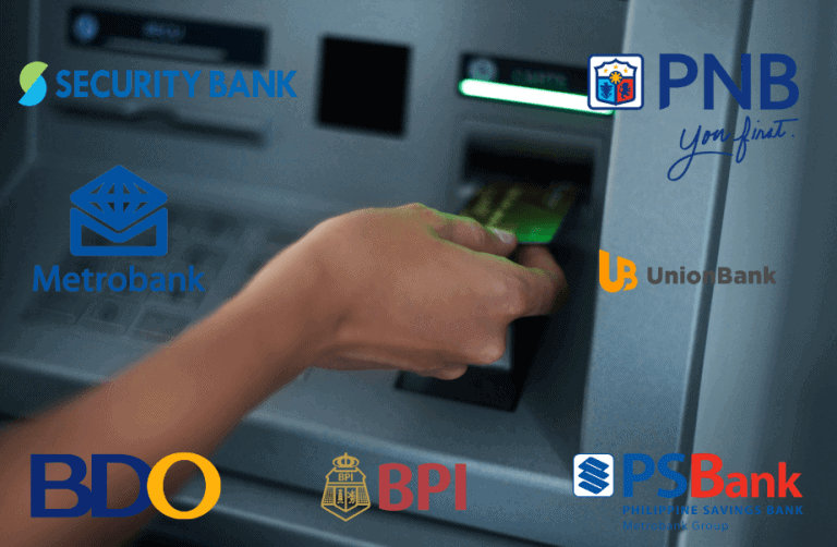 A person is using an ATM machine with different logos representing Philippine banks.