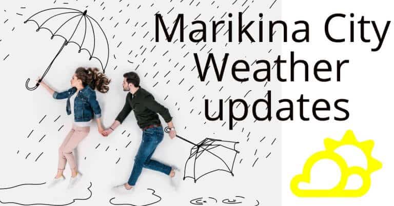 Two individuals with umbrellas providing Marikina city weather updates.