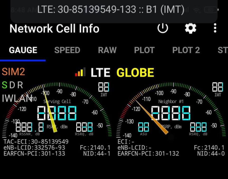 Lte speed test - screenshot with frequency and bands.
