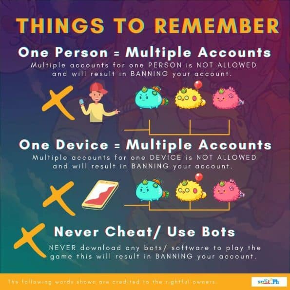 One-person, multiple accounts guide infographic for Axie Infinity to prevent account bans.