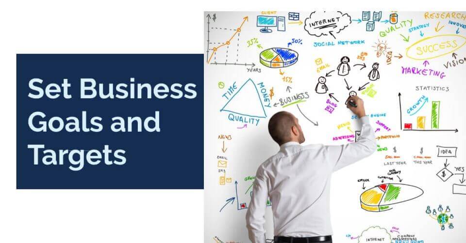A man writing on a whiteboard with the words business goals and targets, emphasizing how to grow your business online.