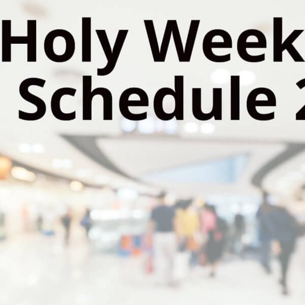 Blurred background of a mall with the text "Holy Week Mall Hours 2024" overlayed.