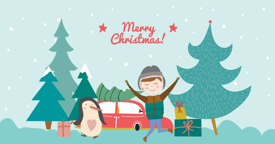 merry christmas card with a penguin and wishes.
