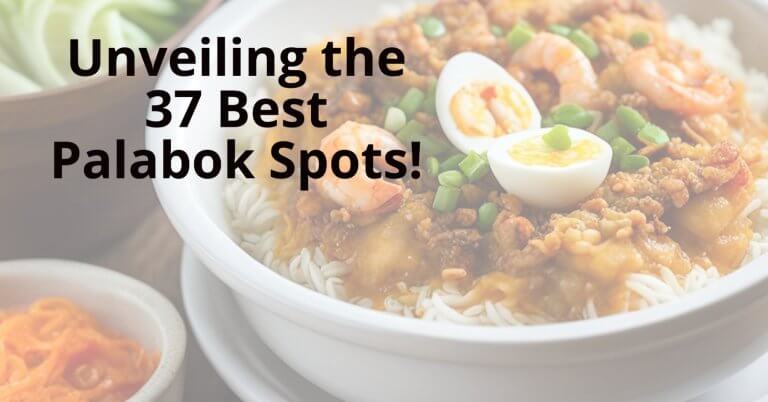 a bowl of rice with the words revealing manila's 7 best palabok spots.