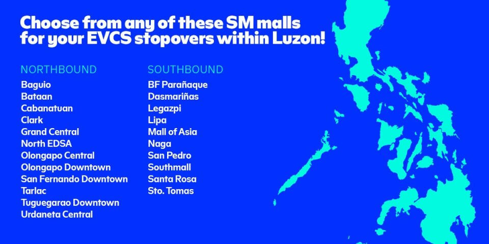 Map of Luzon highlighting locations of SM malls with EV Charging Stations in the Philippines.