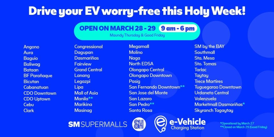 Advertisement for free EV Charging Stations available at various locations on Maundy Thursday and Good Friday.