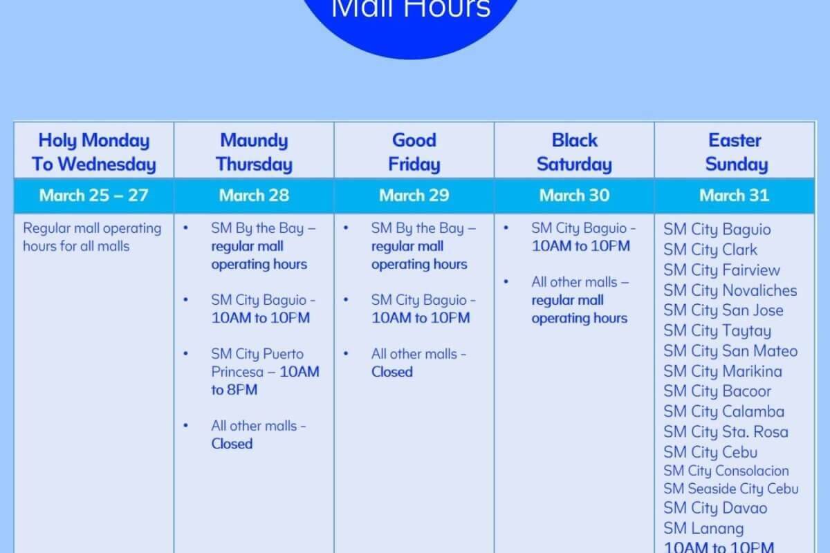 The image is a schedule displaying the mall operation hours for SM Supermalls from Wednesday, March 25 to Sunday, March 31. Each day is presented in a different colored box, listing opening times from 10 AM to 10 PM, with some variations and closures noted.