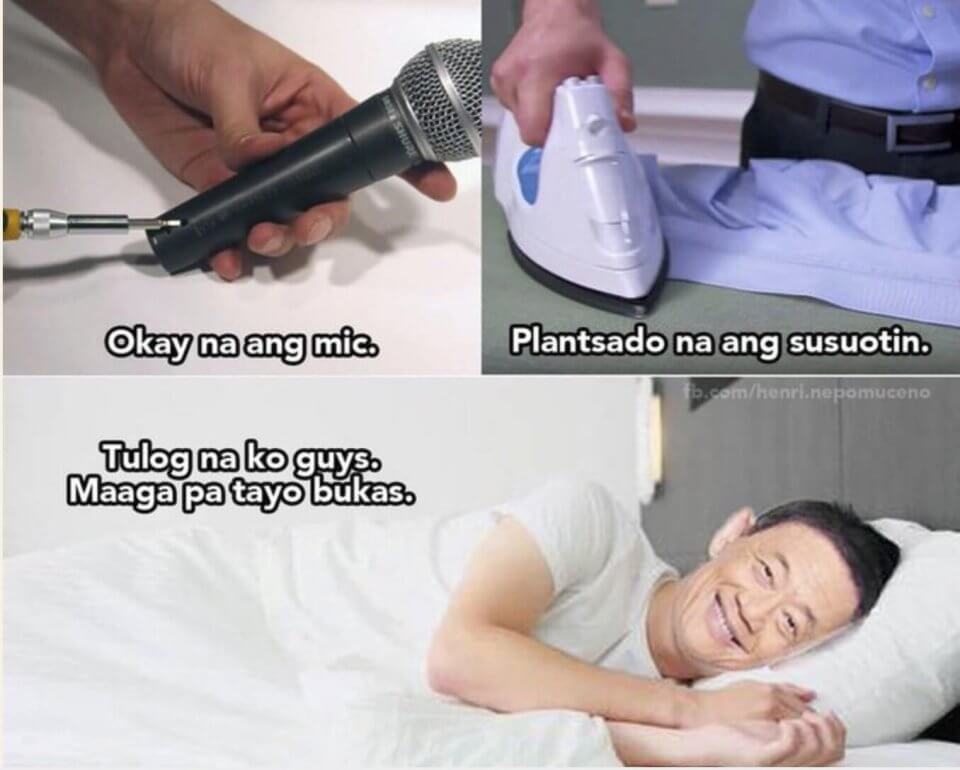 A man holds a microphone in the top left, perhaps to channel his inner Jose Marie Chan for Christmas memes, while in the top right, someone irons pants. Below, a man smiles from bed. Text: "Okay na ang mic," "Plantsado na ang susuutin," and "Tulog na ko guys. Maaga pa tayo bukas.