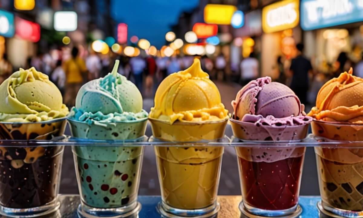 A row of colorful gelato cups on a busy street at dusk. The flavors, from left to right, are green tea, mint, mango, and raspberry. Each cup is topped with a matching