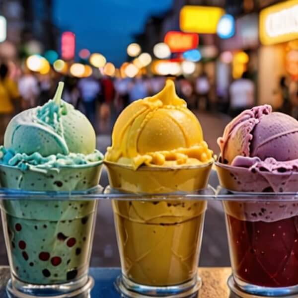 A row of colorful gelato cups on a busy street at dusk. The flavors, from left to right, are green tea, mint, mango, and raspberry. Each cup is topped with a matching
