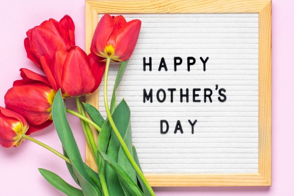 A Mother's Day celebration greeting with red tulips alongside a framed white letter board that reads "happy mother's day" on a pink background.