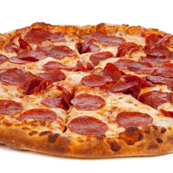 A whole pepperoni pizza from Angel's Pizza in the Philippines sits on a white background. It boasts a golden-brown, crispy crust, topped with melted cheese and evenly distributed pepperoni slices. The cheese is slightly browned in spots, indicating it's freshly baked to perfection.