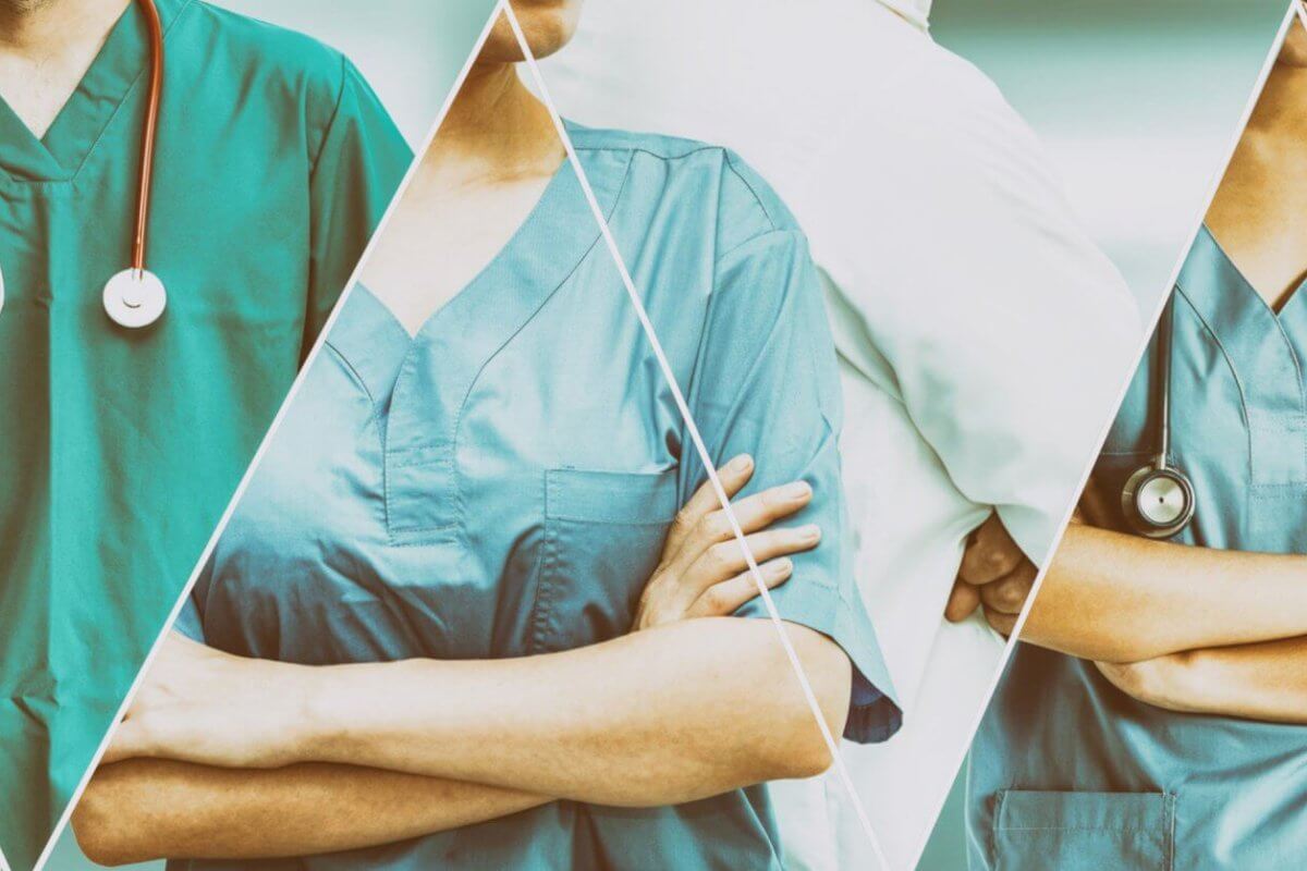 A collage of medical professionals wearing scrubs and stethoscopes, shown from the shoulders down. The image features a mix of green and blue scrub colors. Some are depicted with arms crossed, hinting at a confident posture. The overall theme emphasizes healthcare and teamwork at Healthway Clinics in Metro Manila.