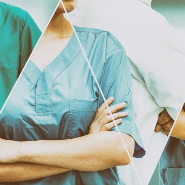 A collage of medical professionals wearing scrubs and stethoscopes, shown from the shoulders down. The image features a mix of green and blue scrub colors. Some are depicted with arms crossed, hinting at a confident posture. The overall theme emphasizes healthcare and teamwork at Healthway Clinics in Metro Manila.