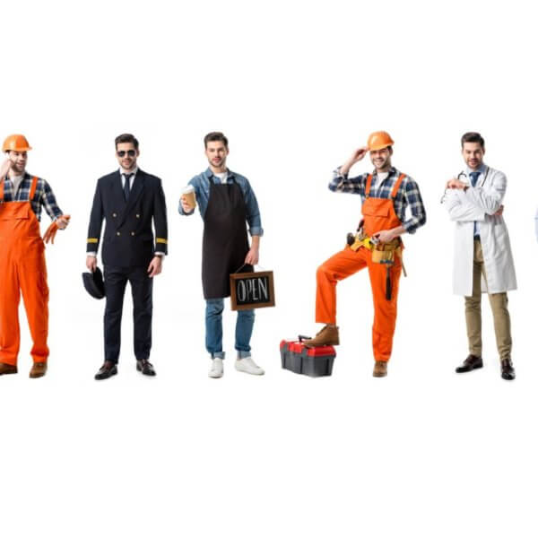 A man is shown in nine different occupational outfits, representing some of the world's most in demand jobs, against a white background. From left to right: doctor, construction worker, businessman, waiter, shop owner, engineer, painter, chef, and cleaner. Each costume includes typical tools or accessories.