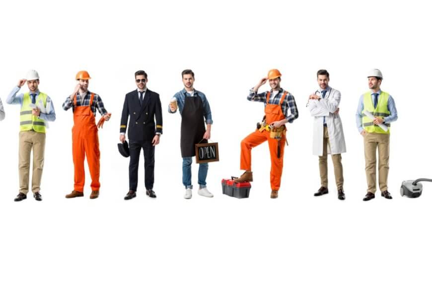 A man is shown in nine different occupational outfits, representing some of the world's most in demand jobs, against a white background. From left to right: doctor, construction worker, businessman, waiter, shop owner, engineer, painter, chef, and cleaner. Each costume includes typical tools or accessories.
