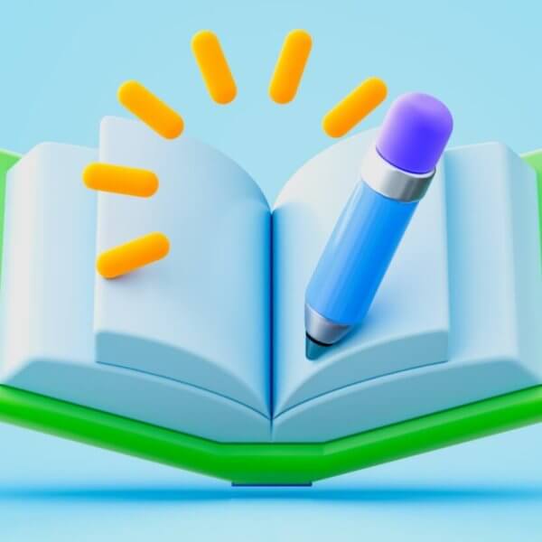 A 3D illustration features an open book with a green cover set against a light blue background. A blue and purple pencil is placed diagonally on the right page. Yellow lines emanate from the book, suggesting light or excitement. The image conveys themes of learning, creativity, or storytelling, ideal for Education Taguig initiatives.