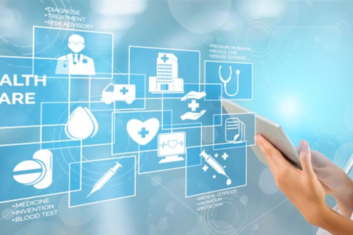 A healthcare professional in a white coat holds a tablet. Various healthcare-related icons, such as a hospital, ambulance, stethoscope, heart, and syringe, are displayed in a futuristic digital overlay. The background is a blue gradient with light effects, emphasizing the tech-driven services available across Watsons branches in Metro Manila.