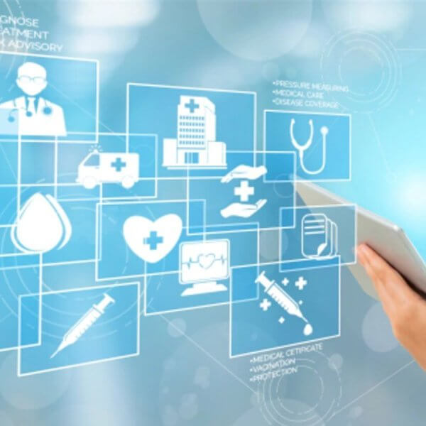 A healthcare professional in a white coat holds a tablet. Various healthcare-related icons, such as a hospital, ambulance, stethoscope, heart, and syringe, are displayed in a futuristic digital overlay. The background is a blue gradient with light effects, emphasizing the tech-driven services available across Watsons branches in Metro Manila.