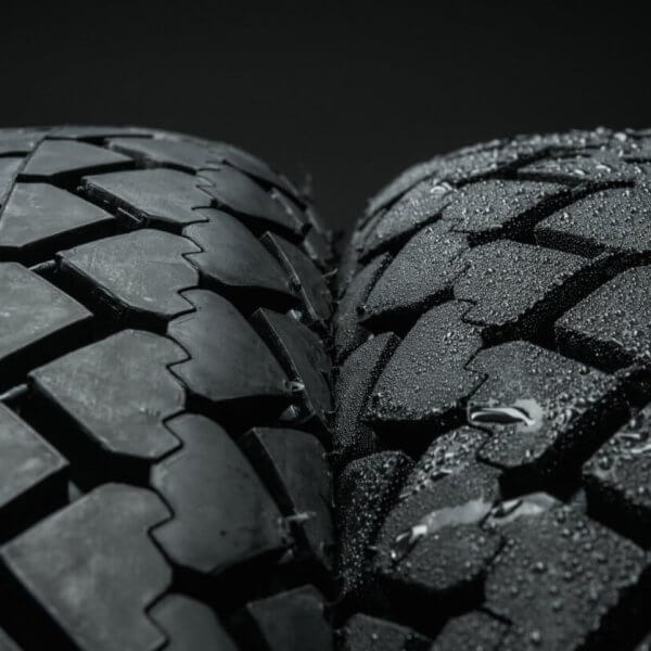 Close-up view of two motorcycle tires side by side against a black background. The tire on the left features a smooth tread, while the tire on the right has a rough tread pattern and is covered in water droplets, suggesting wet conditions. Both treads have interlocking block designs from top suppliers in Metro Manila.
