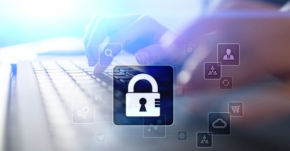 Close-up of hands typing on a laptop keyboard, with digital security icons overlay. A prominent padlock symbolizes cybersecurity for small business owners upgrading their online stores. Icons like magnifying glass, gears, and cloud float around, representing internet and technology functions. Bright light in background.