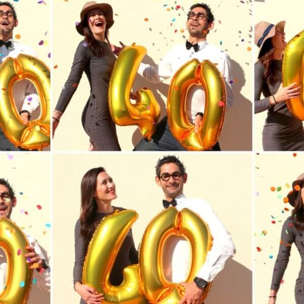 A collage of six celebratory images featuring a man and a woman holding gold balloons that form the number "40" against a light-colored wall. They are smiling, laughing, and surrounded by colorful confetti. With Photo Booth Rentals in Metro Manila, capturing such joyful moments becomes even more memorable!