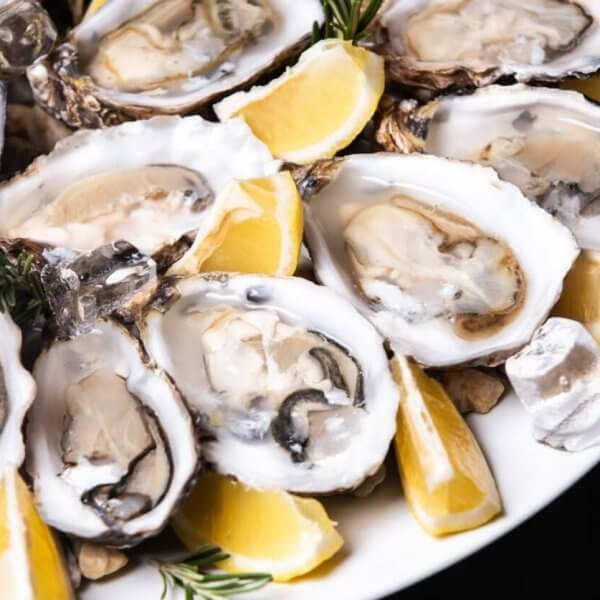 A must-try dish at one of the top restaurants in Gateway Mall, this plate of half-shell oysters is garnished with lemon wedges and sprigs of rosemary. Nestled on a bed of crushed ice, the oysters display their smooth, creamy texture and varying shades of gray, accented by vibrant citrus and herbs.