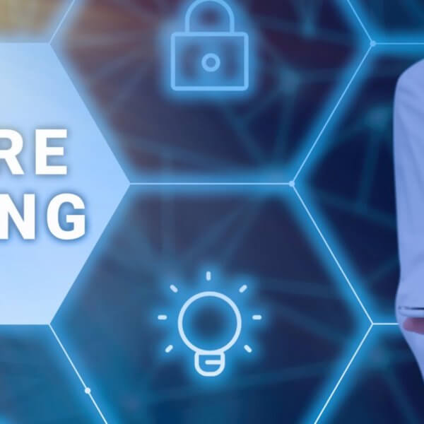 A person in a white shirt is holding a tablet and using a stylus, with a glowing network of hexagonal icons featuring a padlock, a warning sign, and a lightbulb. The text "WE'RE HIRING" is displayed prominently within one of the hexagons on the left side of the image, highlighting opportunities in Metro Manila for manpower agencies.